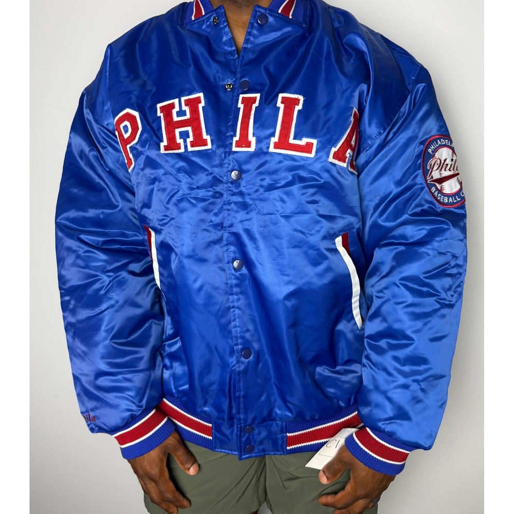 Philadelphia Phillies Satin Dugout Jacket Blue PHILA Snap Front Varsity Bomber